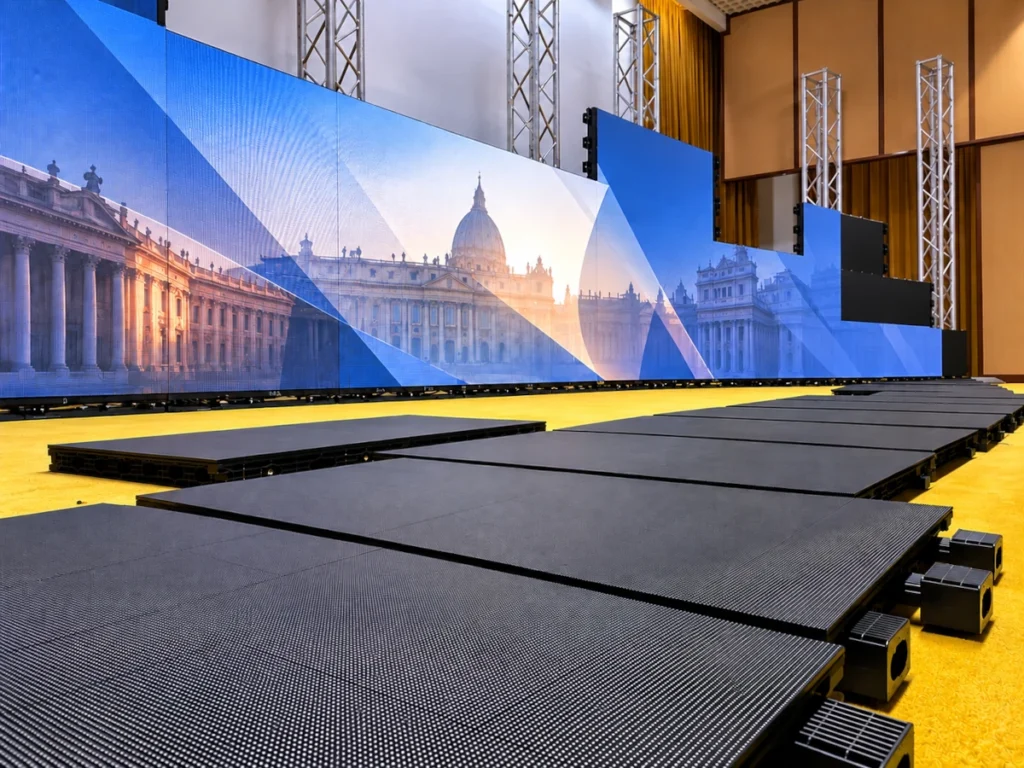 pannelli LED wall modulari per eventi in fase di installazione
